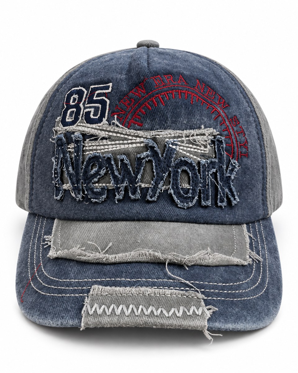 New York 85 Distressed Patchwork Baseball Cap - Navy / Grey