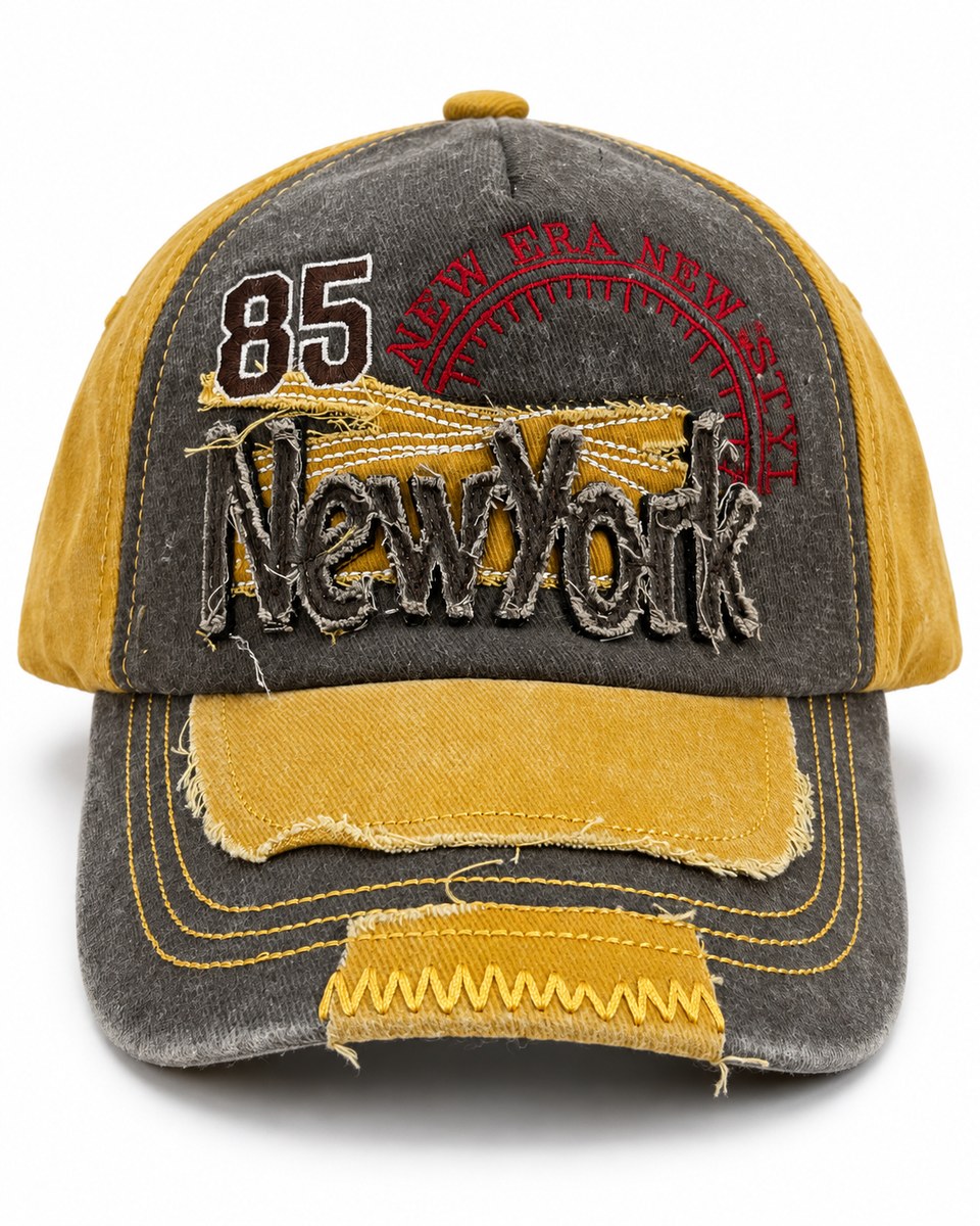 New York 85 Distressed Patchwork Baseball Cap - Charcoal / Mustard