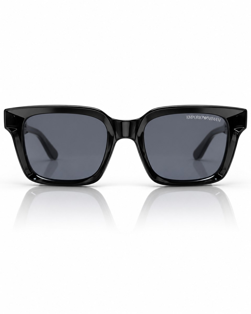 Glossy Black Angular Sunglasses with Gold-Tone Side Details